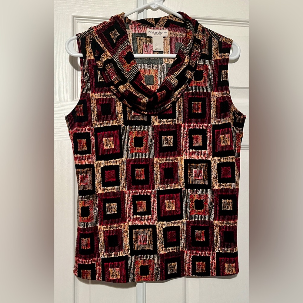 Notations Blouse Womens Size PL Sleeveless Geometric Print Cowl Neck Colorful